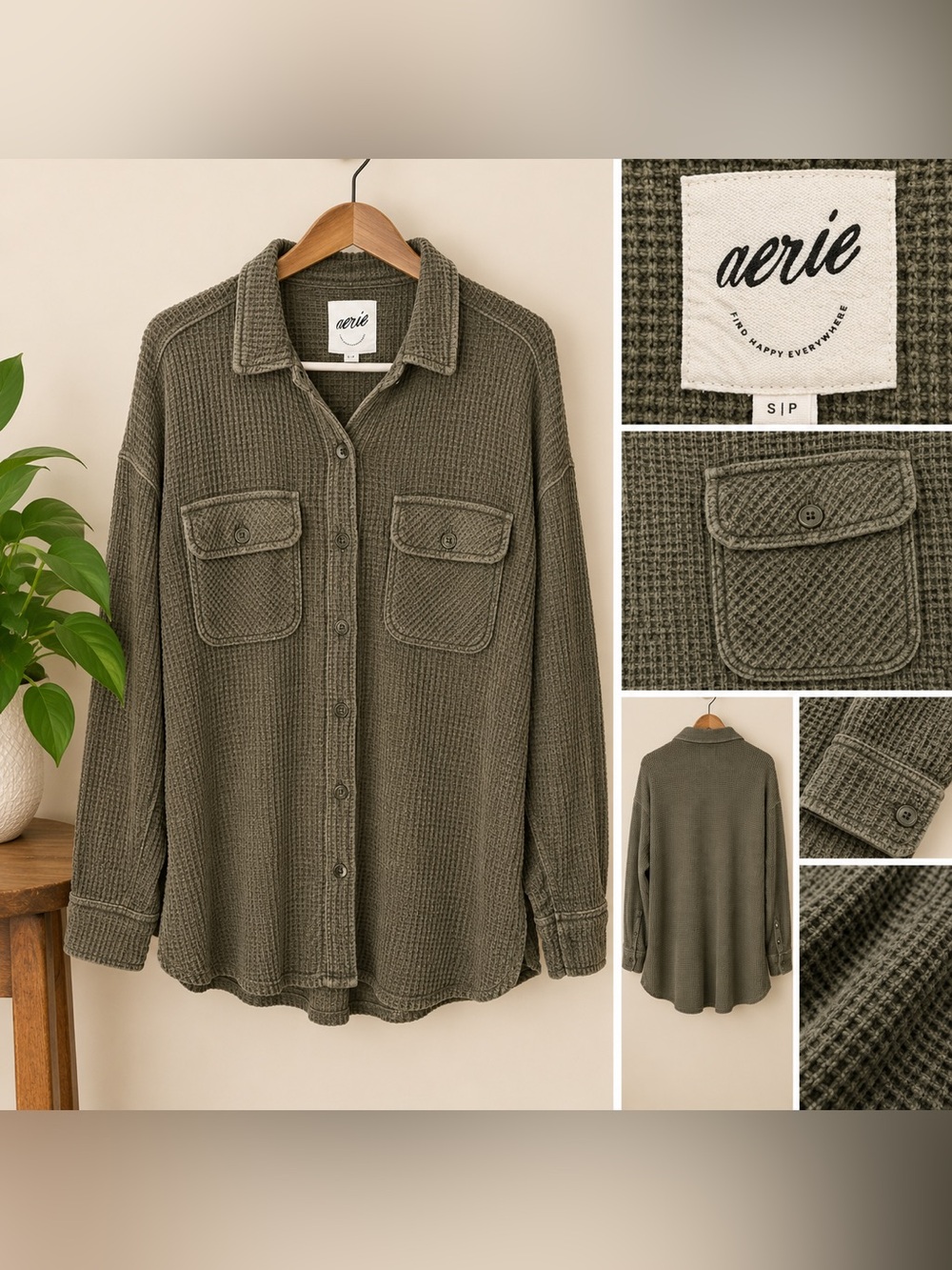 Aerie S Women’s Lumberjane Waffle Weave Knit Shirt Oversized Olive Green Small